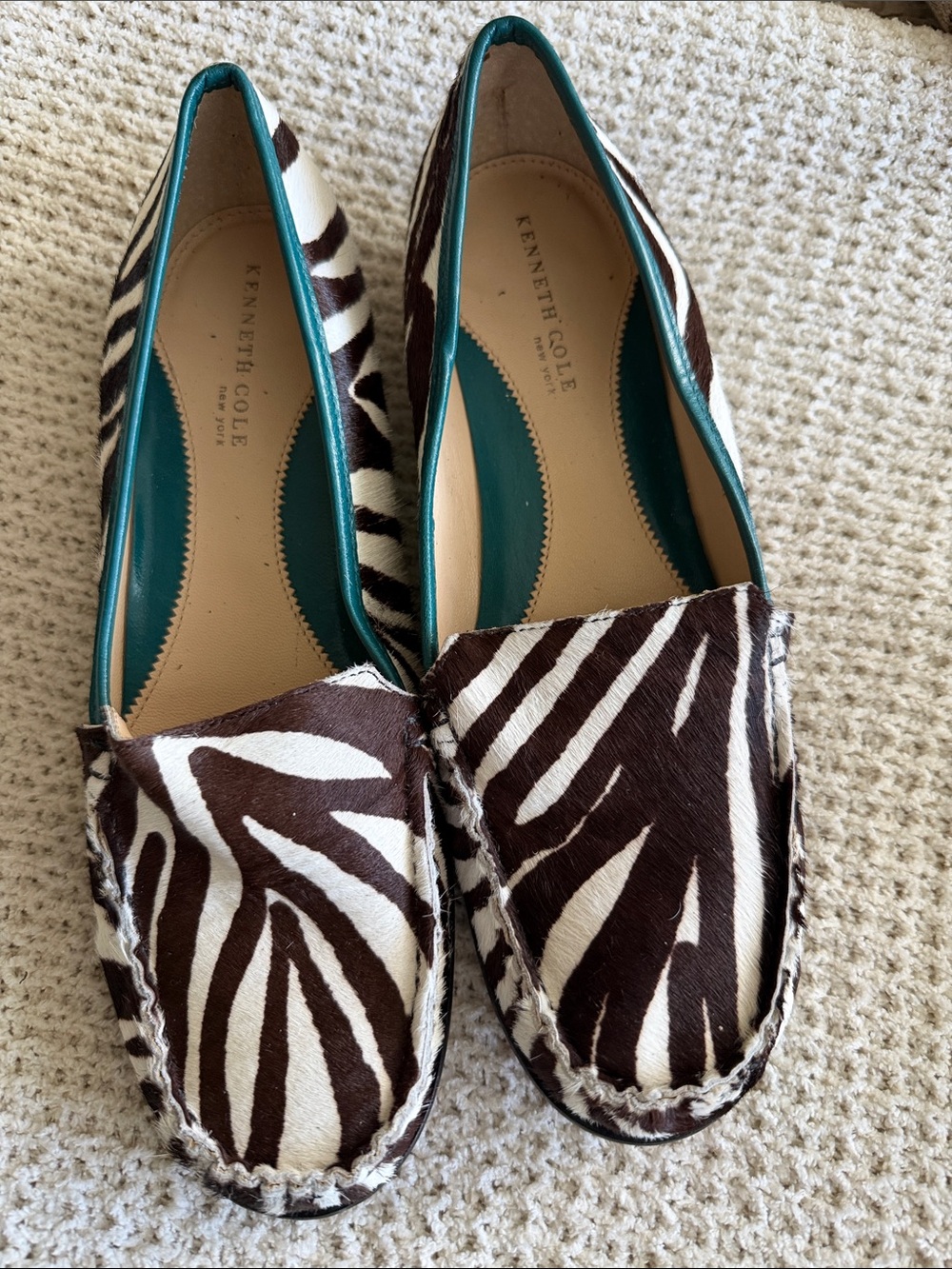 Kenneth Cole Brown & White Zebra Print Slip-On Loafers with Teal Trim pony fur